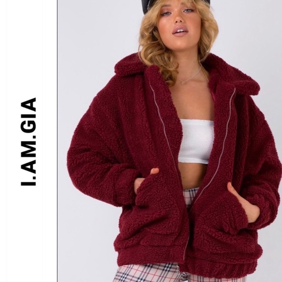 IAMGIA fur burgundy teddy jacket - Picture 1 of 9